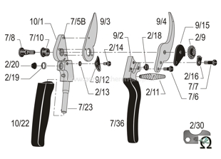 Rosenschere Felco 10, Zeichnung der Einzelteile