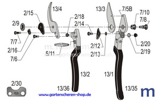 Baumschere Felco 13, Zeichnung der Einzelteile