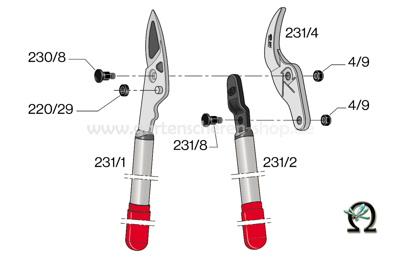 Felco 231, Zeichnung der Einzelteile, Mutter 4/9 für Gartenscheren von Felco