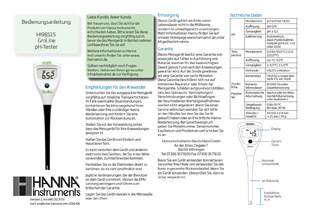 Hanna pH-Tester GroLine HI98115, Bedienungsanleitung deutsch als PDF-Datei zum herunterladen und ausdrucken.