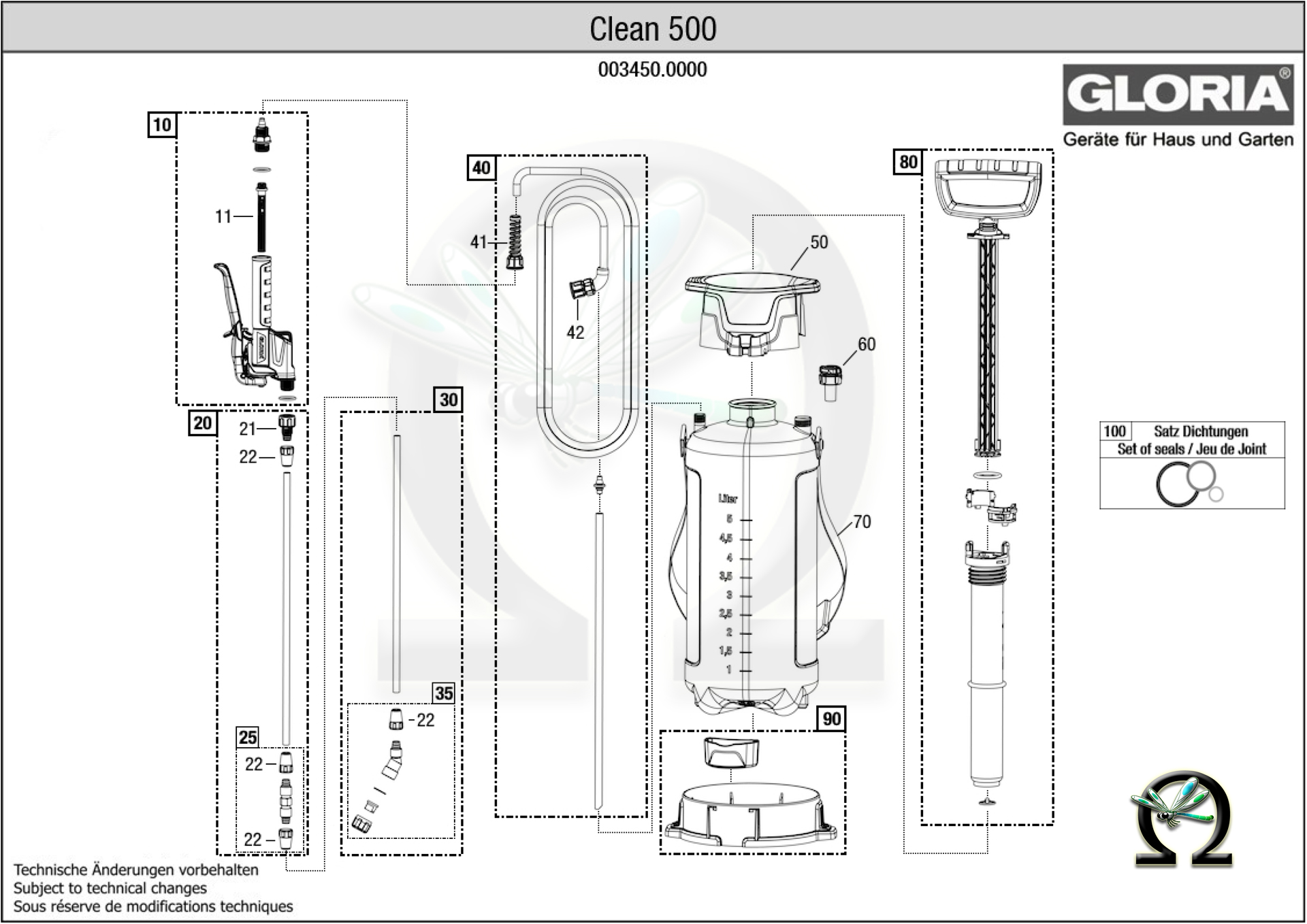 GLORIA Drucksprühgerät Clean 500, Zeichnung der Einzelteile