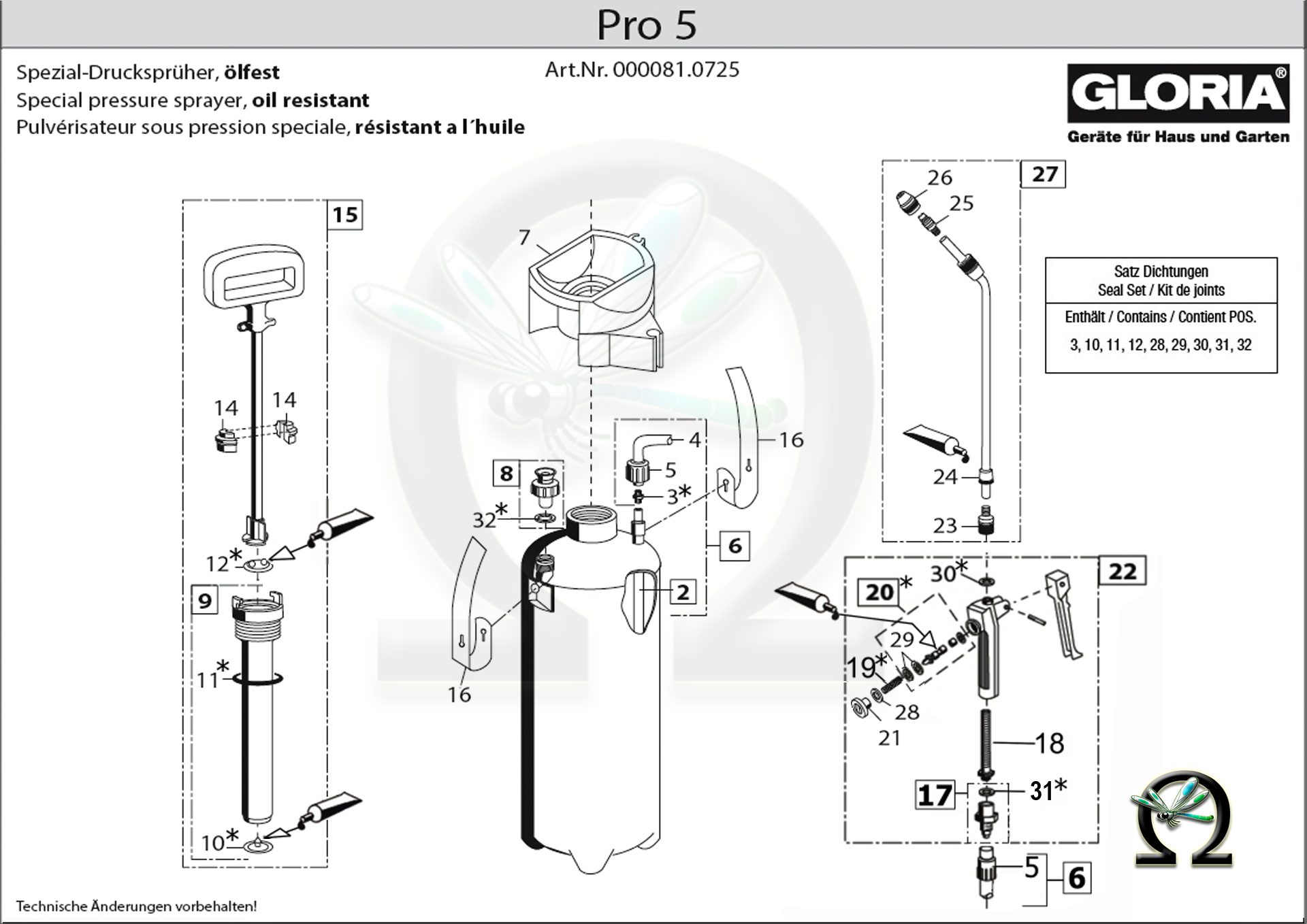 GLORIA Spezial-Drucksprühgerät PRO 5 ölfest mit Hohlkegeldüse (Modell bis 2018), Zeichnung der Einzelteile