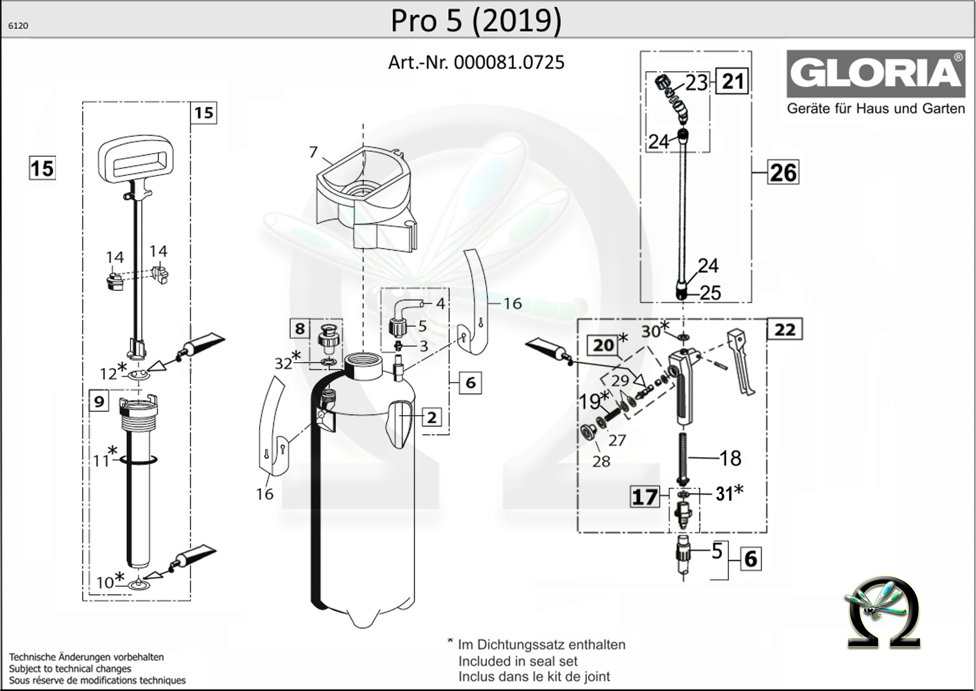 GLORIA Spezial-Drucksprühgerät PRO 5 ölfest mit Flachstrahldüse (Modell ab 2019), Zeichnung der Einzelteile