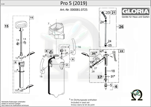 Explosionszeichnung mit Ersatzteilliste für das Drucksprühgerät Gloria Pro 5 (ab 2019) mit Flachstrahldüse