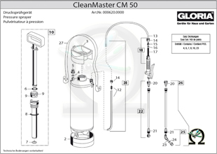 Explosionszeichnung mit Ersatzteilliste für das Drucksprühgerät Gloria CleanMaster CM 50