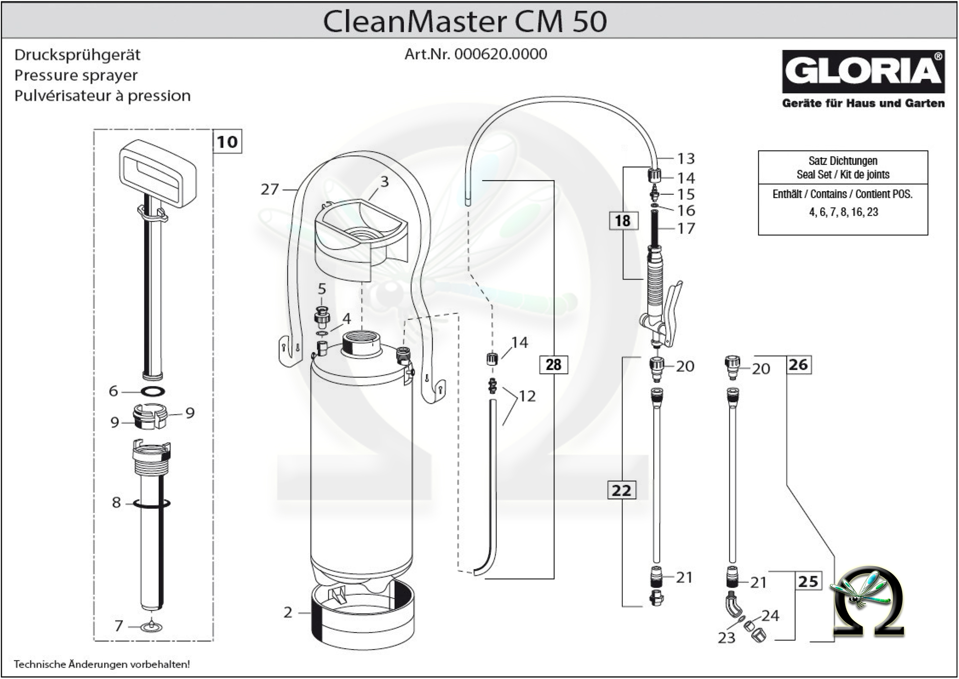 GLORIA Drucksprühgerät CleanMaster CM50, Zeichnung der Einzelteile