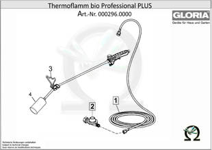 Explosionszeichnung mit Ersatzteilliste für das GLORIA Abflammgerät Thermoflamm bio Professional PLUS