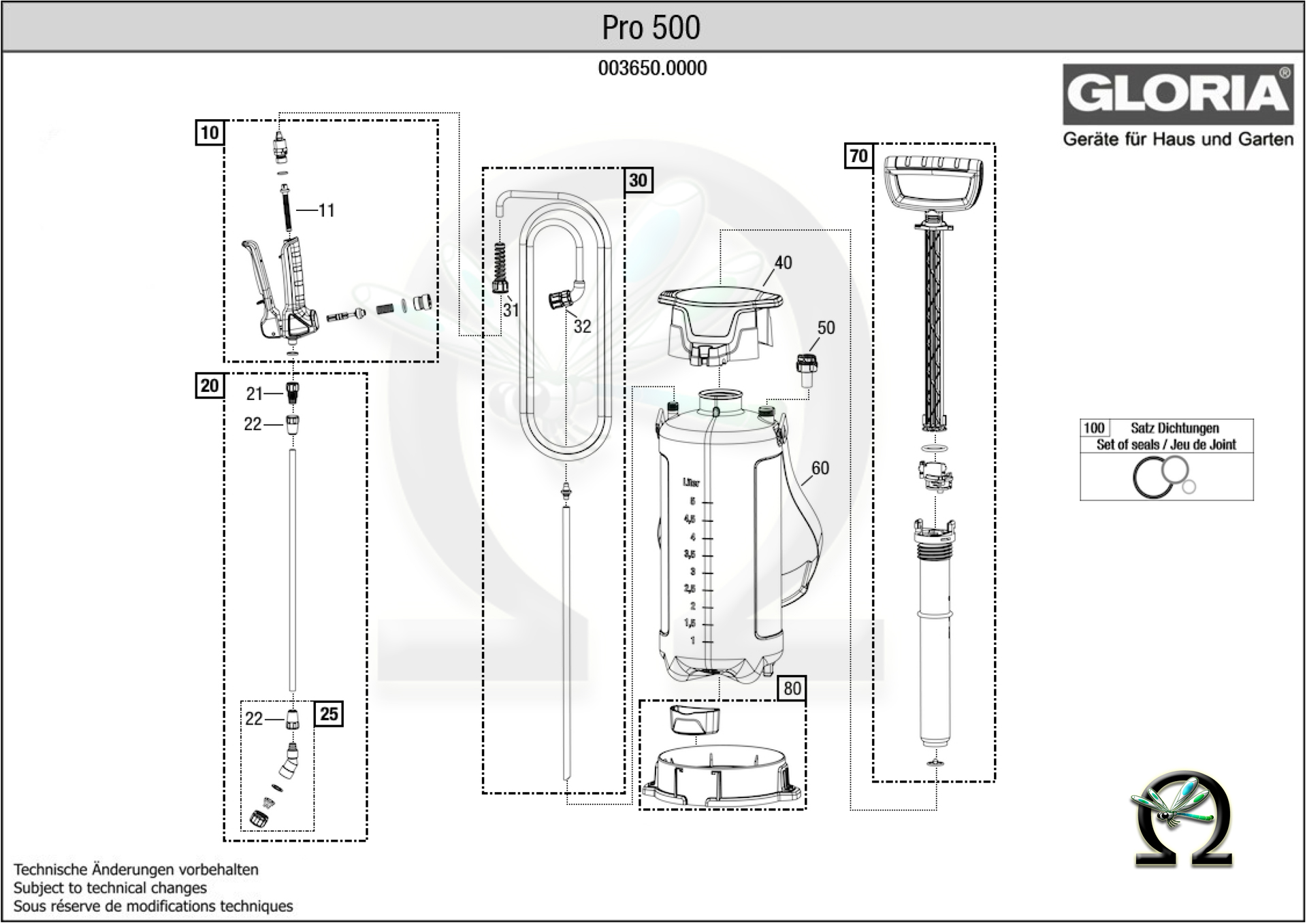 GLORIA Drucksprühgerät PRO 500, Zeichnung der Einzelteile