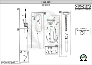 Explosionszeichnung mit Ersatzteilliste für das Schaumsprühgerät FOAMCLEAN 300