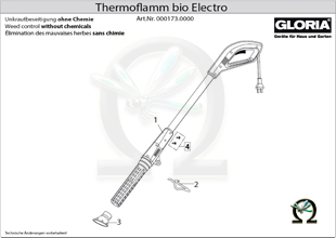 Explosionszeichnung mit Ersatzteilliste für das GLORIA Abflammgerät Thermoflamm bio Electro