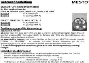Die Bedienungsanleitung für das MESTO Druckluft-Füllventil 6210NB 6bar mit Druckminderer und Steckkupplung zum herunterladen und ausdrucken.