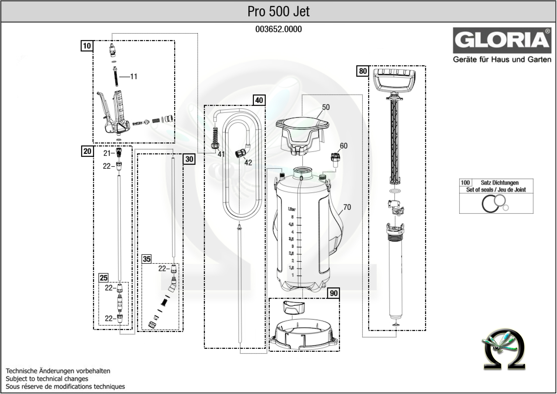 GLORIA Drucksprühgerät PRO 500 JET (003652.0000), Zeichnung der Einzelteile