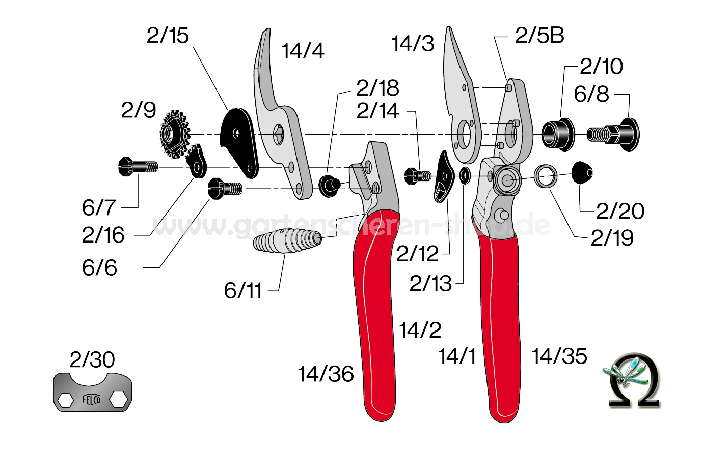 Felco 14, Zeichnung der Einzelteile, Gezahnter Sektor 2/16, Ersatzeil für Felco Scheren