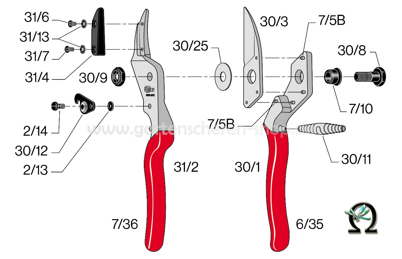 Amboss-Gartenschere Felco 31, Zeichnung der Einzelteie
