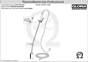 Explosionszeichnung mit Ersatzteilliste für das GLORIA Abflammgerät Thermoflamm bio Professional