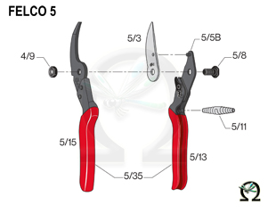 Felco 5, Zeichnung der Einzelteile mit Ersatzteilnummern als PDF-Datei zum herunterladen und ausdrucken.