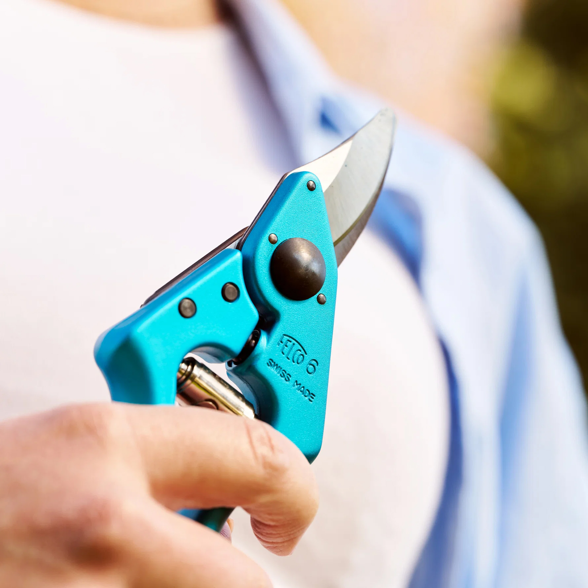 Die Gartenschere Felco 6 Electric Blue ist eine ergonomische Gartenschere