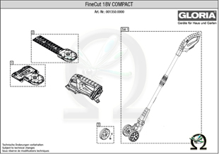 Die Explosionszeichnung mit Ersatzteilliste für die Akku Gras- und Strauchschere GLORIA FineCut 18V compact als PDF-Datei zum Herunterladen und ausdrucken.