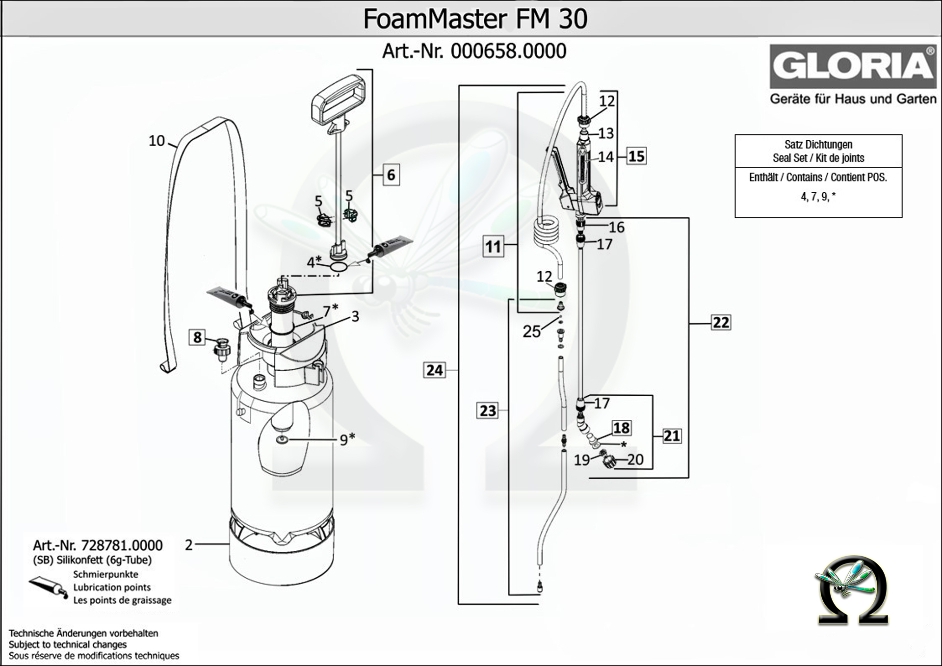 GLORIA Drucksprühgerät FoamMaster FM30, Zeichnung der Einzelteile