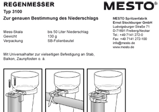 Die Gebrauchsanleitung für den MESTO Regenmesser Monsun 3100 zum herunterladen und ausdrucken.