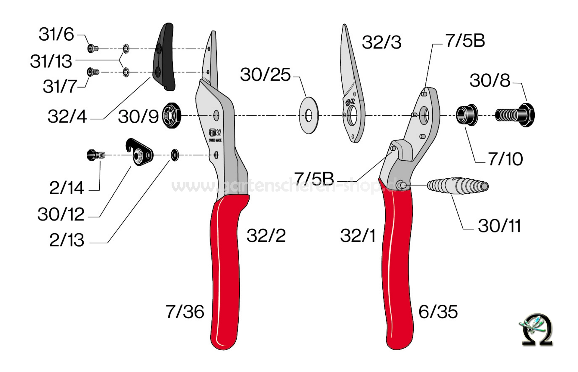 Felco 32, Zeichnung der Einzelteile, Feder 2/13 zu Verschlussklinken bei Gartenscheren
