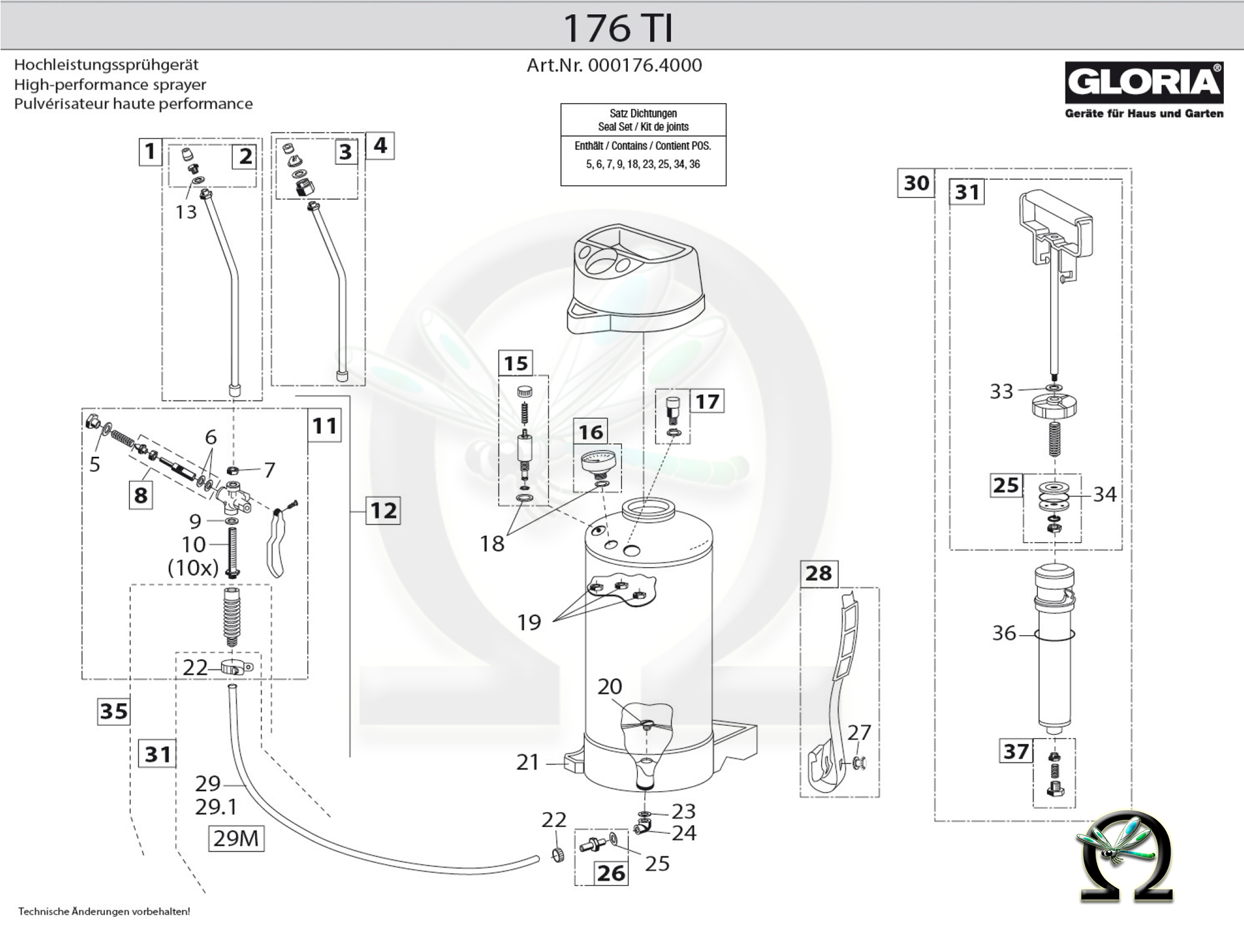 Gloria Hochdrucksprühgerät 176 TI Zeichnung der Einzelteile