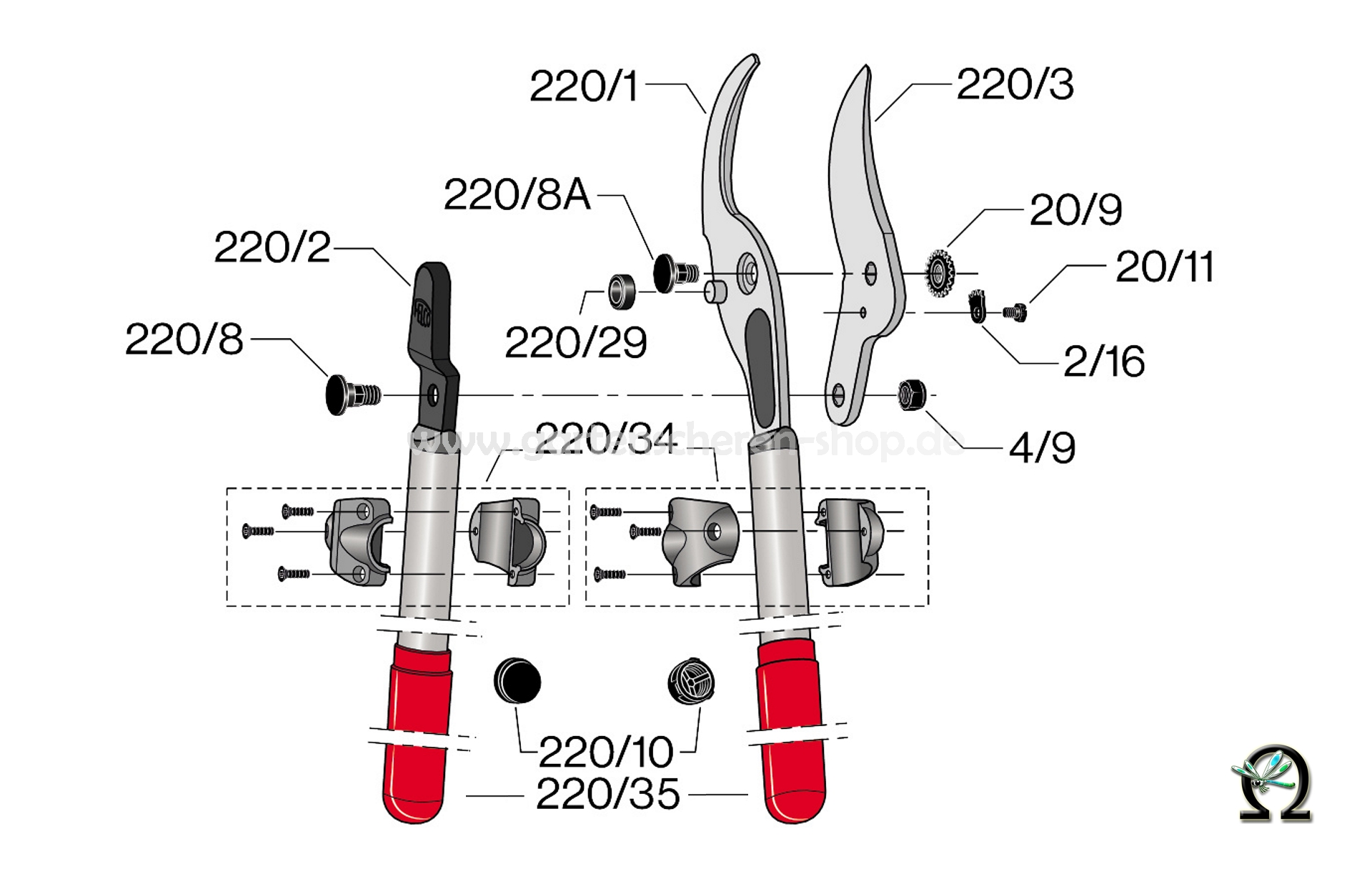 Felco 220, Zeichnung der Einzelteile, Gezahnter Sektor 2/16 für Gartenscheren