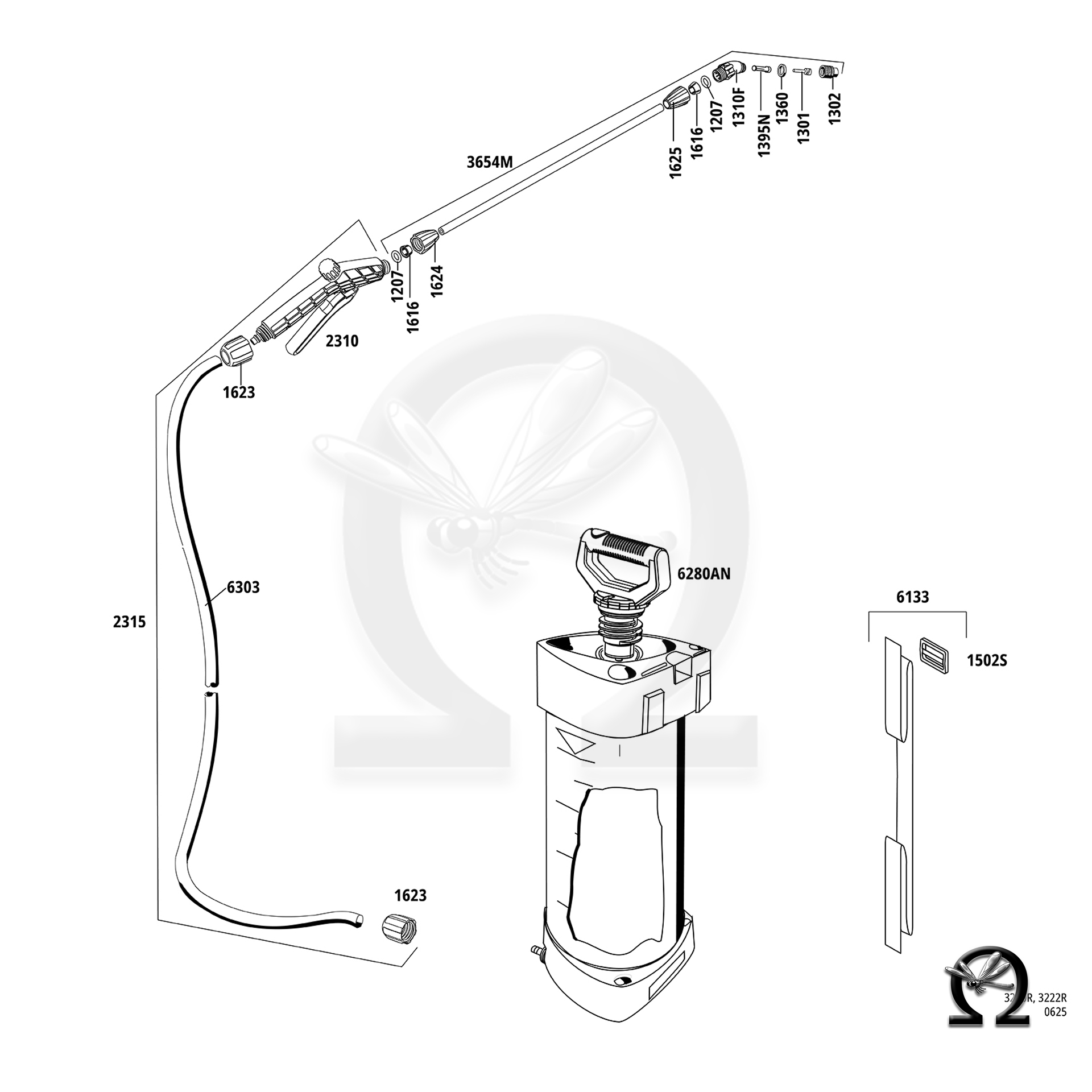 MESTO Akku-Drucksprühgerät 3220R e.FLORI 3 Liter, Zeichnung der Einzelteile