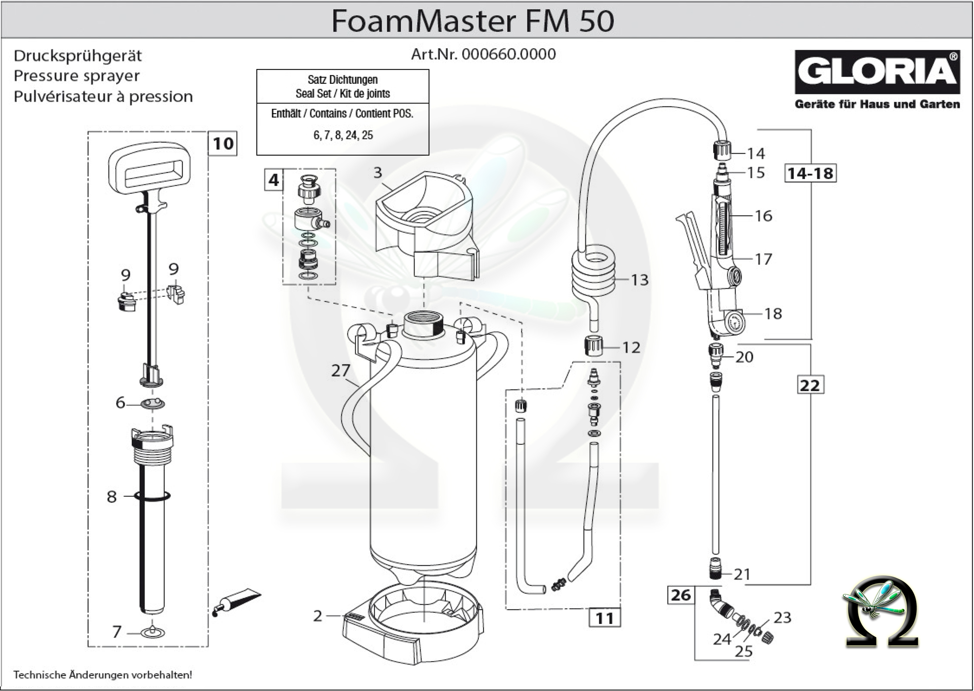 GLORIA Drucksprühgerät FoamMaster FM50, Zeichnung der Einzelteile