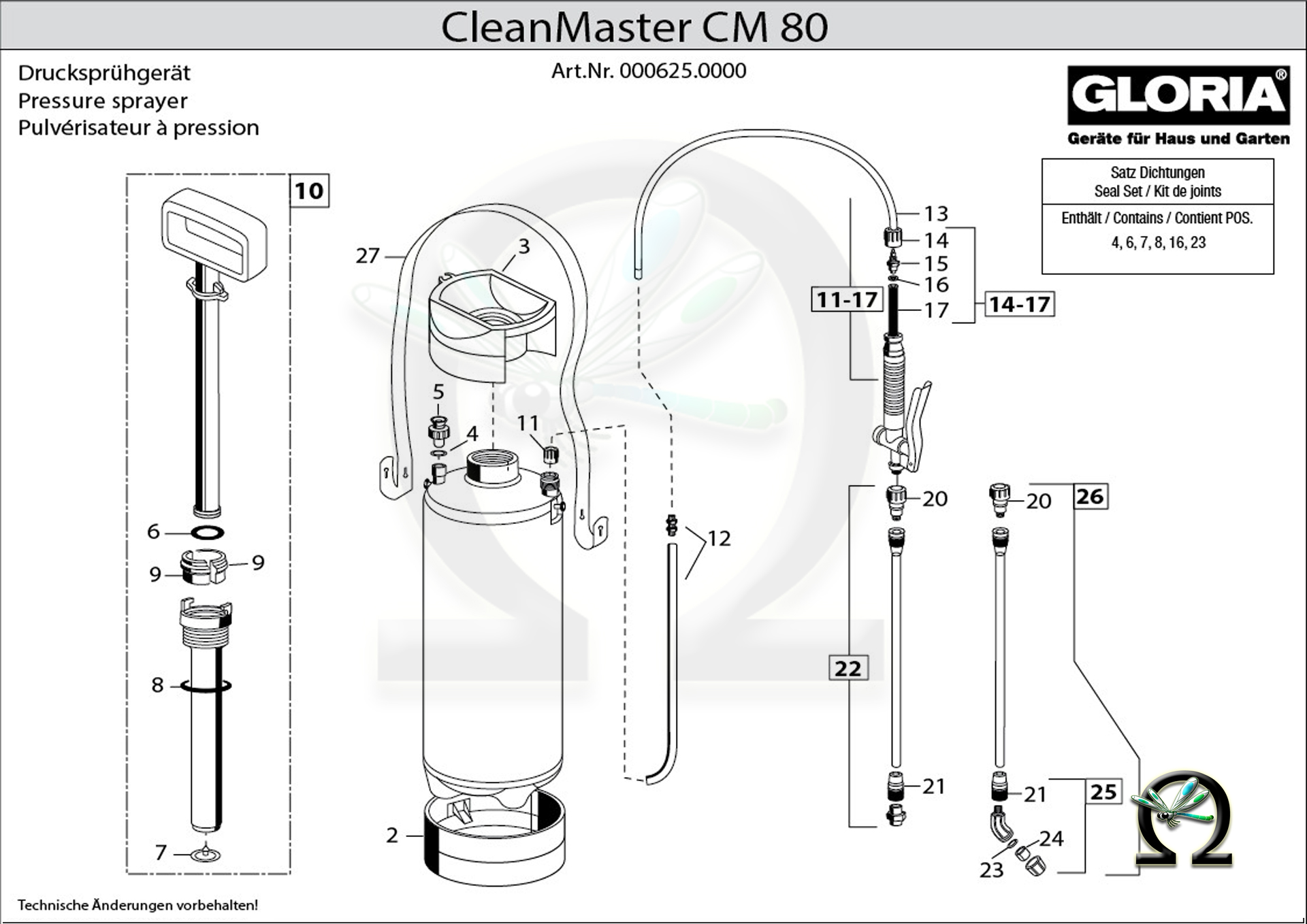 GLORIA Drucksprühgerät CleanMaster CM80, Zeichnung der Einzelteile