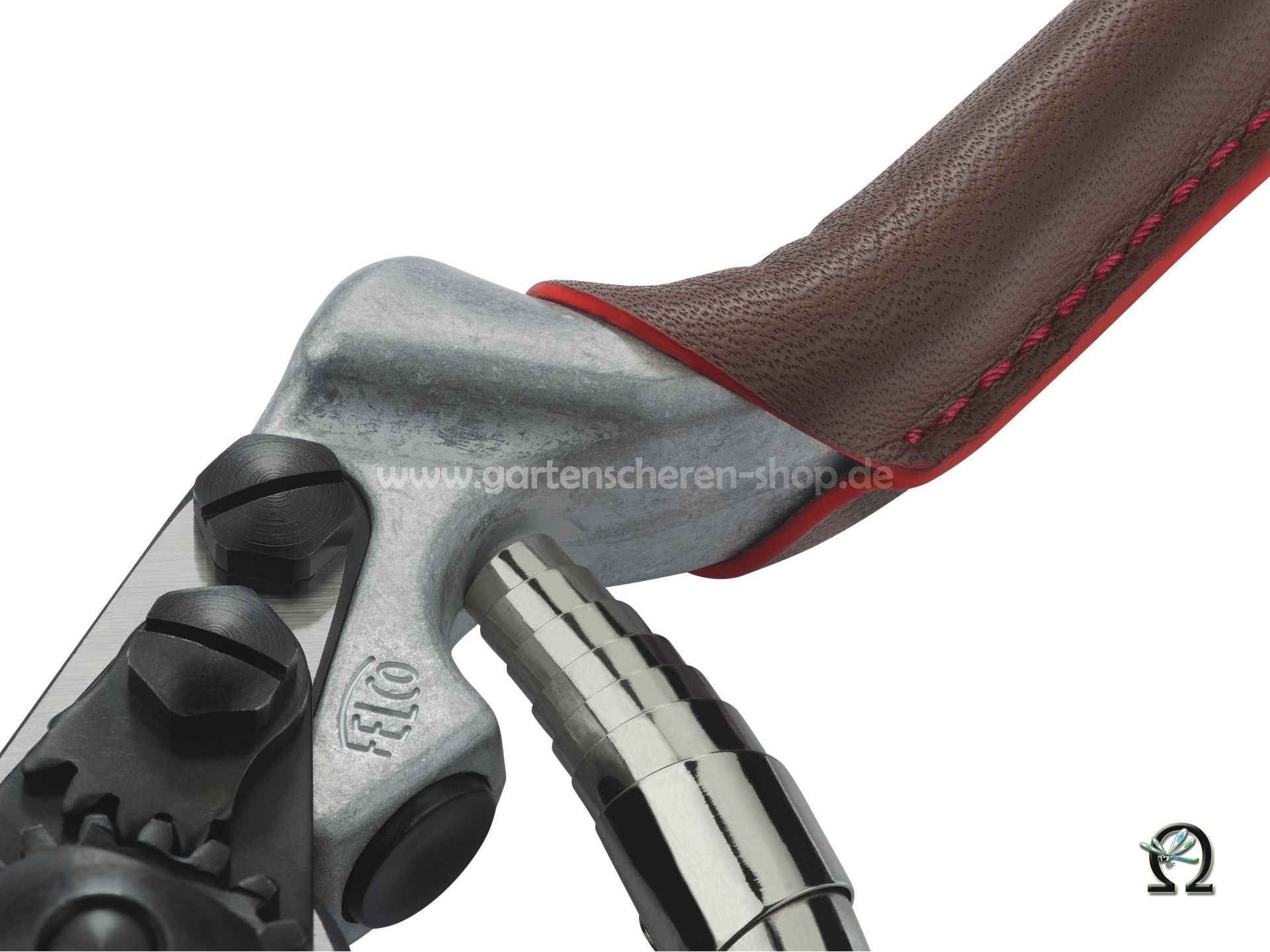 Professionelle Gartenschere Felco 6 Elite, Detailansicht Ledergriffe mit roter Naht