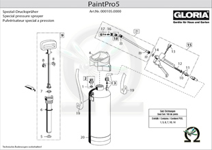 Explosionszeichnung mit Ersatzteilliste für das Drucksprühgerät Gloria PaintPro 5