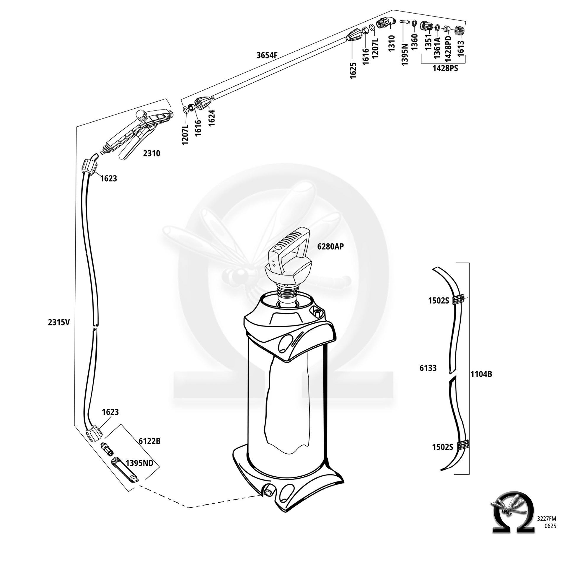 MESTO Akku-Drucksprühgerät 3227FM e.CLEAN FIX 5 Liter, Zeichnung der Einzelteile