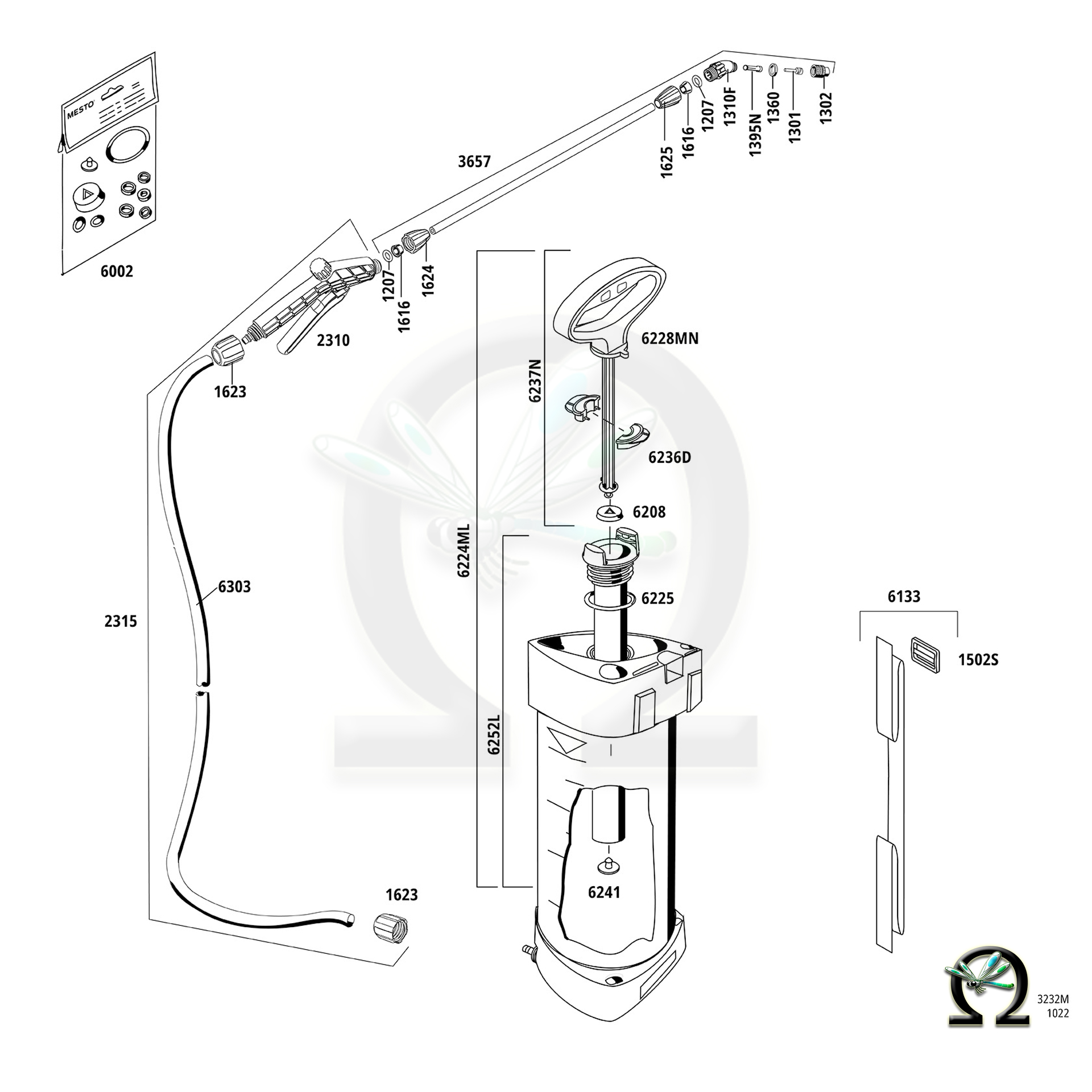 MESTO Drucksprühgerät 3232M FLORI M, Zeichnung der Einzelteile