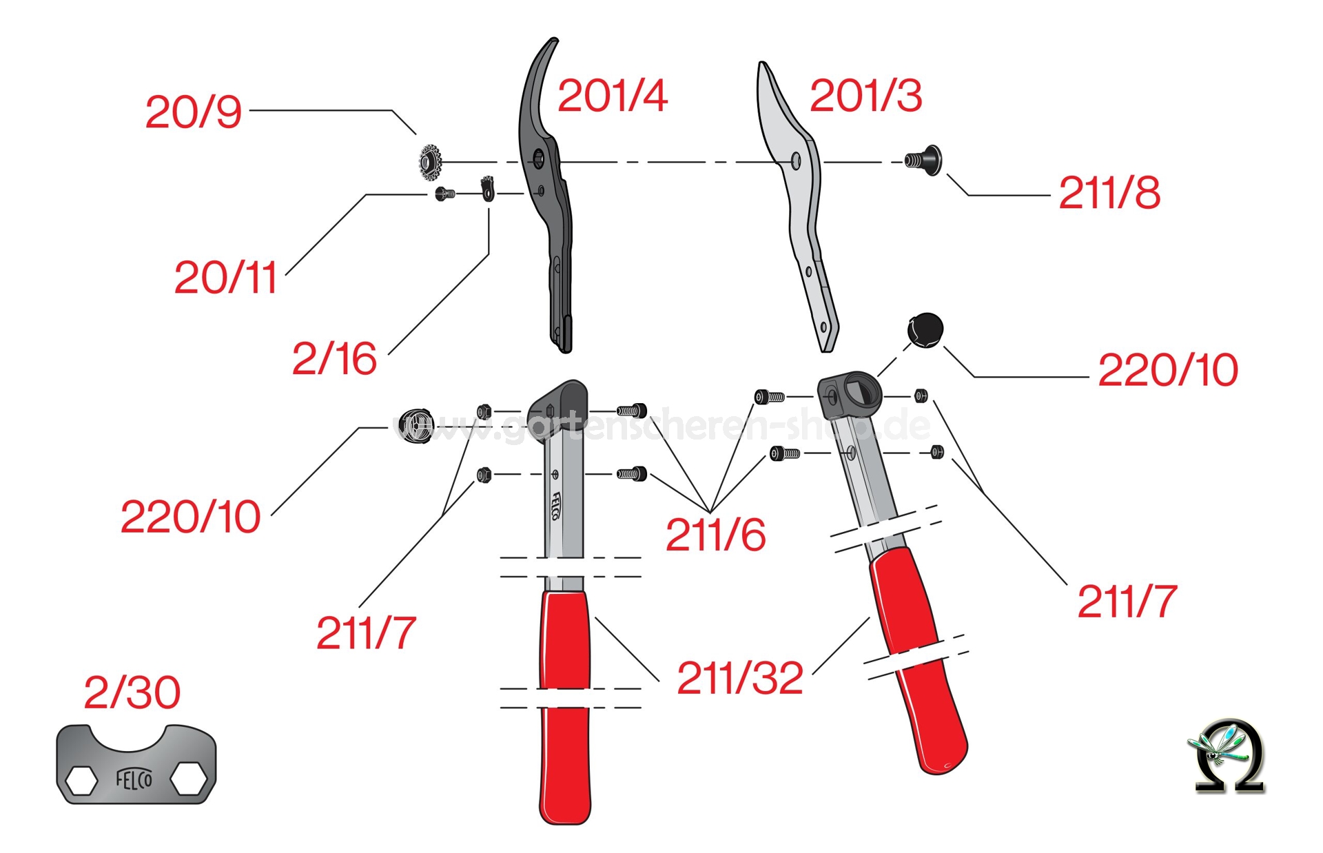 Astschere Felco 201-50 m. ziehendem Schnitt, Zeichnung der Einzelteile