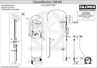 Explosionszeichnung mit Ersatzteilliste für das Drucksprühgerät Gloria CleanMaster CM 80