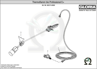 Explosionszeichnung mit Ersatzteilliste für das GLORIA Abflammgerät Thermoflamm bio Professional E+ Turbo