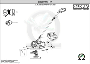 Die Explosionszeichnung mit Ersatzteilliste für die GLORIA Akku-Kehrmaschine EasySweep 18V als PDF-Datei zum Herunterladen und ausdrucken.