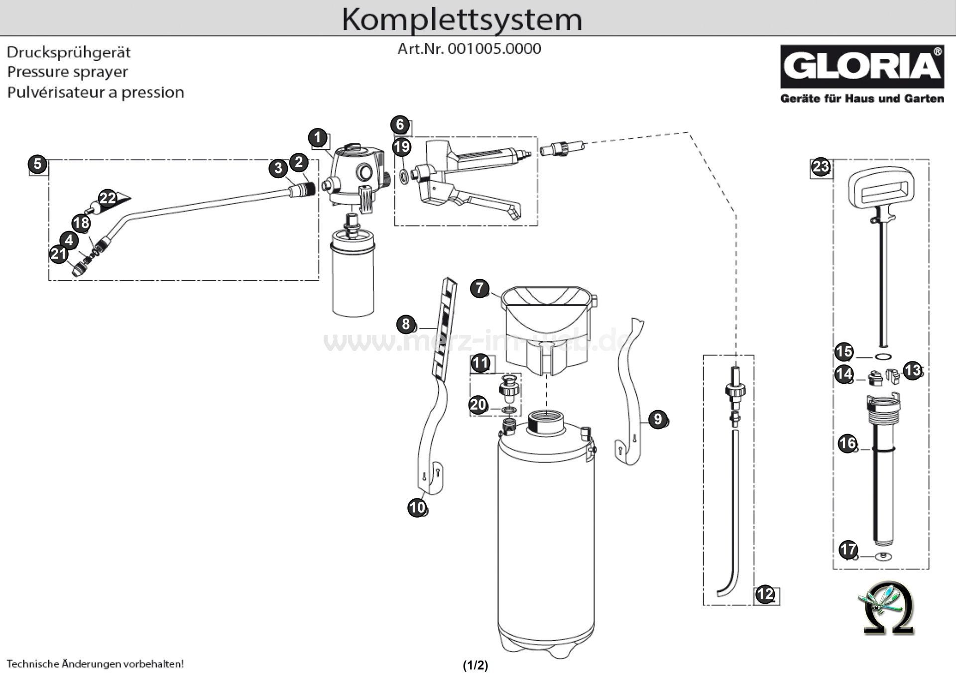 Drucksprühgerät Gloria Klick&Go Refill Komplettsystem, Zeichnung der Einzelteile