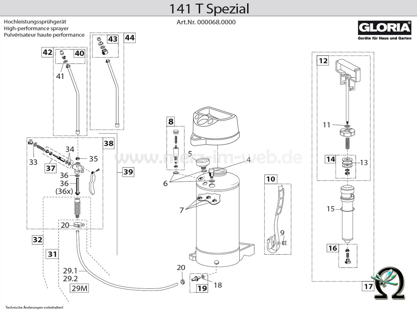 Die Ersatzteilzeichnung mit der Teileliste für das Gloria Hochleistungssprühgerät 141 T Spezial zum herunterladen und ausdrucken.