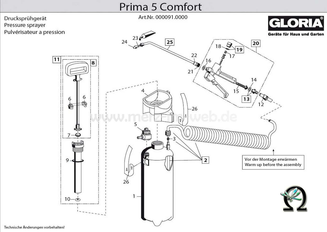 Die Ersatzteilzeichnung mit der Teileliste für das Drucksprühgerät Gloria prima 5 Comfort zum herunterladen und ausdrucken.