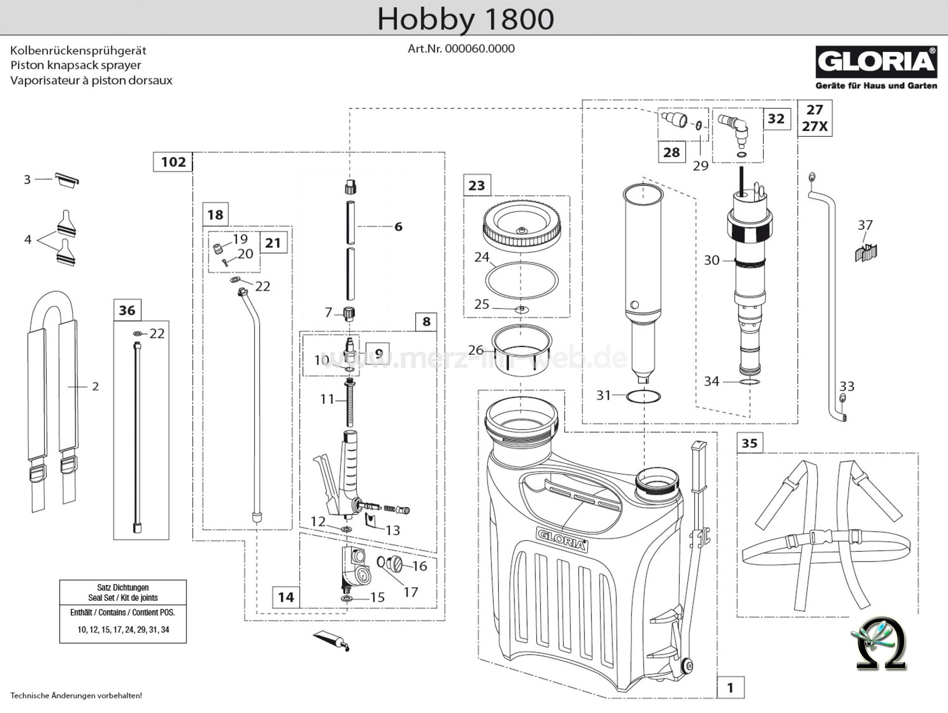 Gloria Kolbenrückensprühgerät Hobby 1800 Zeichnung der Einzelteile