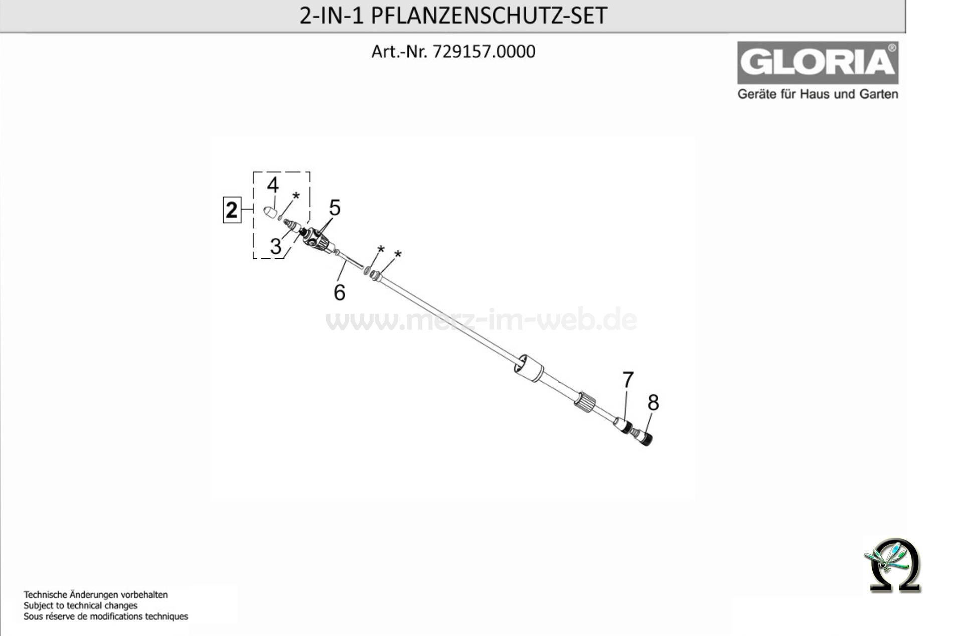 Die Ersatzteilzeichnung mit der Teileliste für das Gloria 270º Pflanzenschutz-Set als PDF-Datei zum herunterladen und ausdrucken