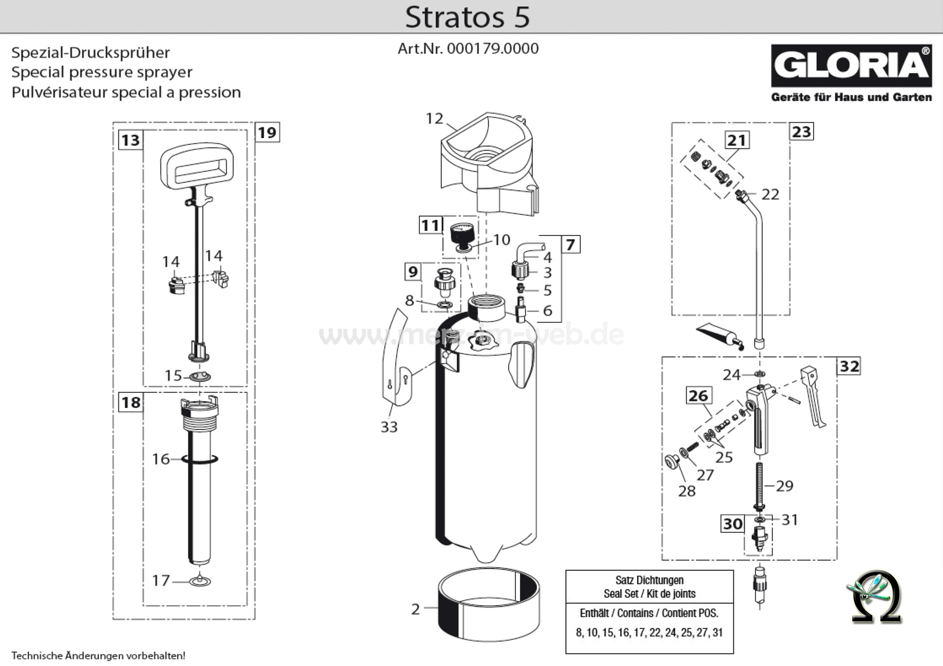 Spezial-Drucksprühgerät Gloria Airstar Stratos 5, Zeichnung der Einzelteile
