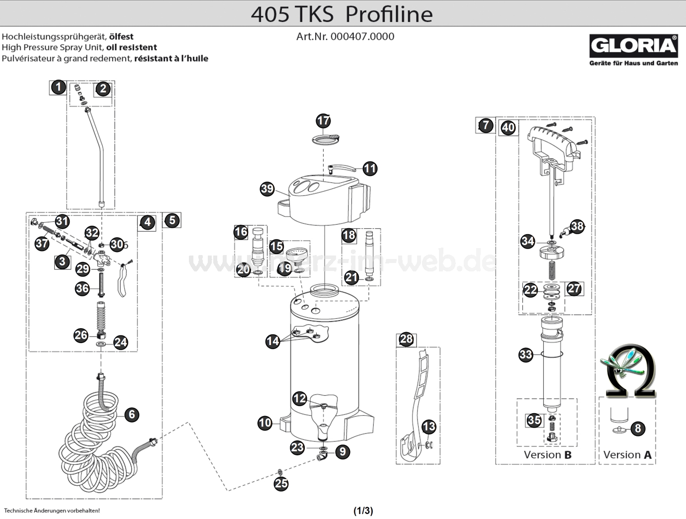 Hochleistungssprühgerät Gloria 405 TKS Profiline Zeichnung der Einzelteile