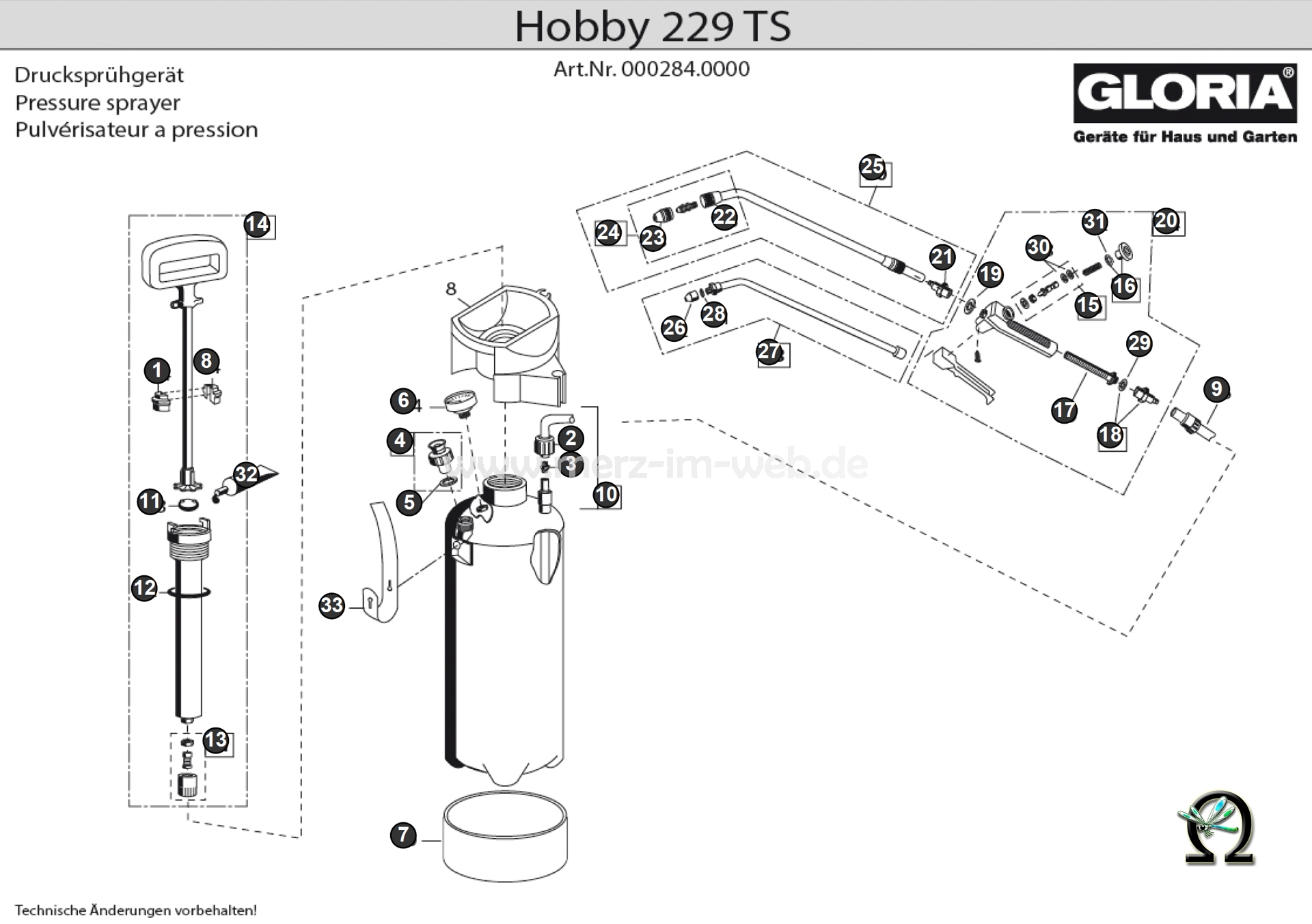 Gloria Drucksprühgerät hobby 229 TS Zeichnung der Einzelteile