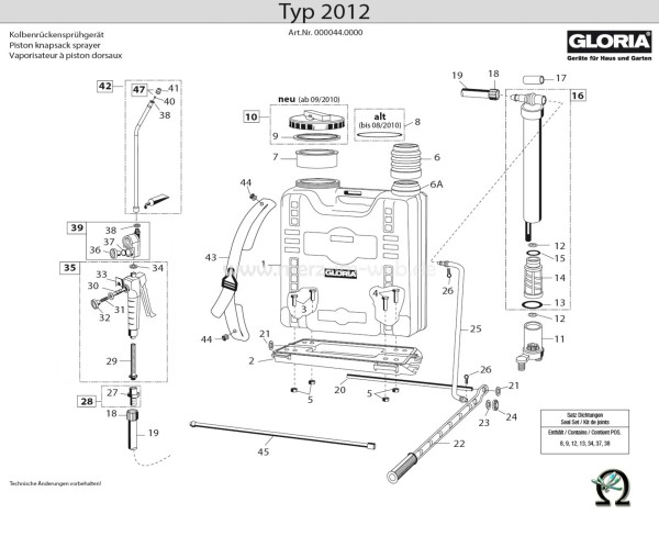 Kolbenrückensprühgerät Typ 2012, Zeichnung der Einzelteile, Bild Nr. 9, GLORIA Deckeldichtung540876, ab 09/2010