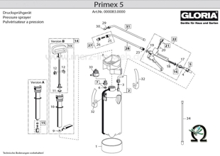 Explosionszeichnung mit Ersatzteilliste für das Drucksprühgerät Gloria primex 5