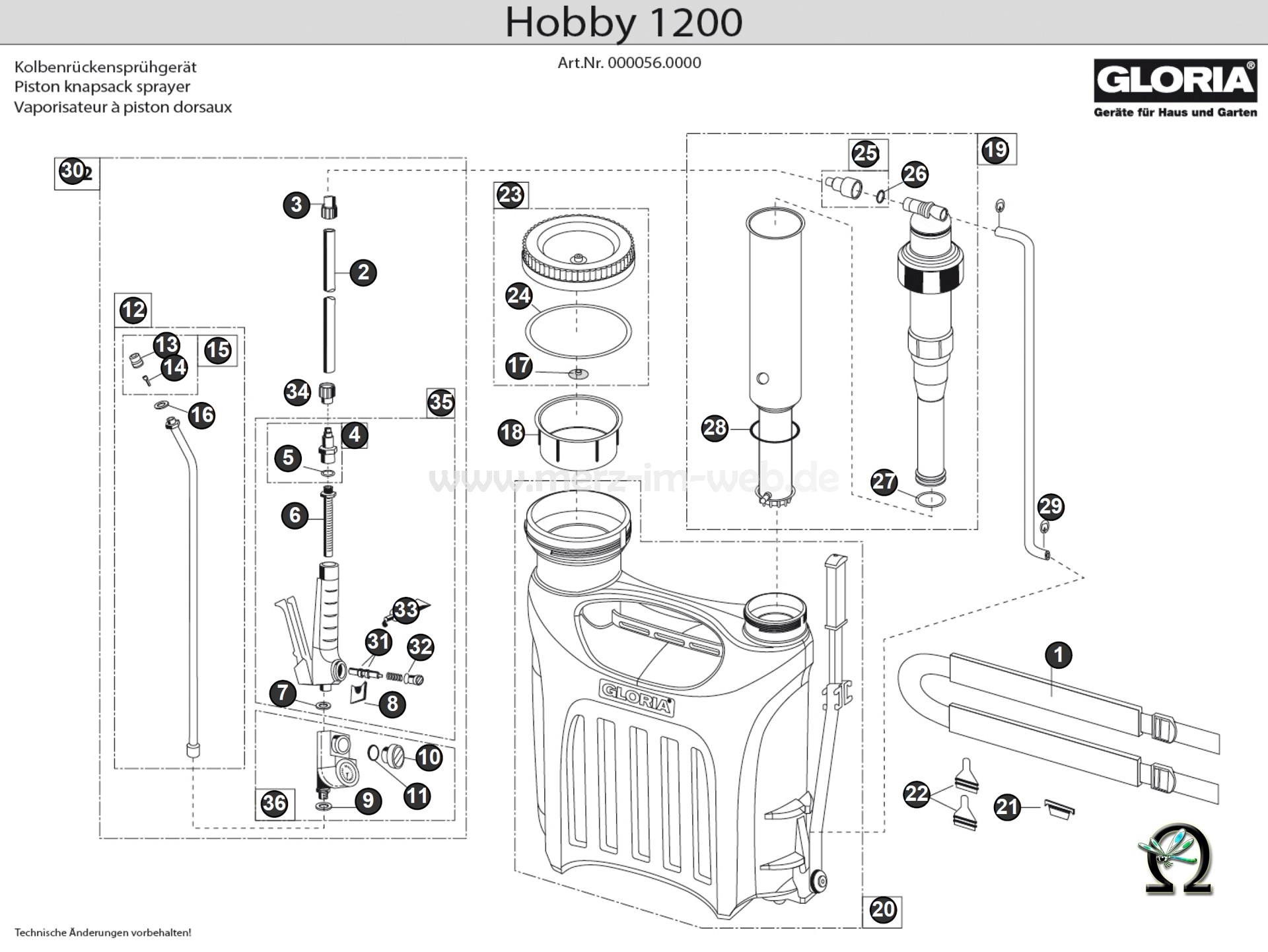 Gloria Kolbenrückensprühgerät Hobby 1200 Zeichnung der Einzelteile
