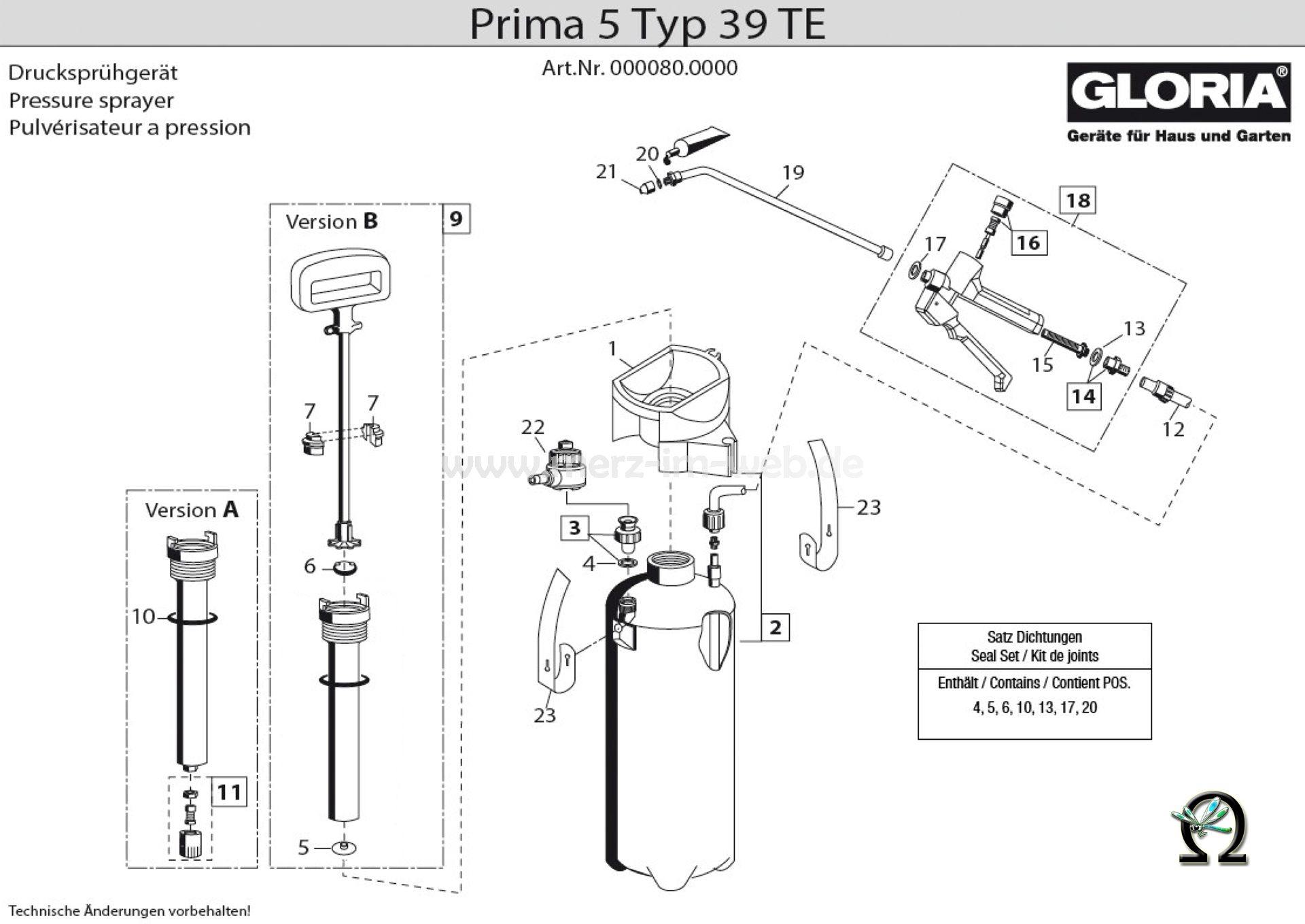 Die Ersatzteilzeichnung mit der Teileliste für das Drucksprühgerät Gloria prima 5 Typ 39 TE zum herunterladen und ausdrucken.